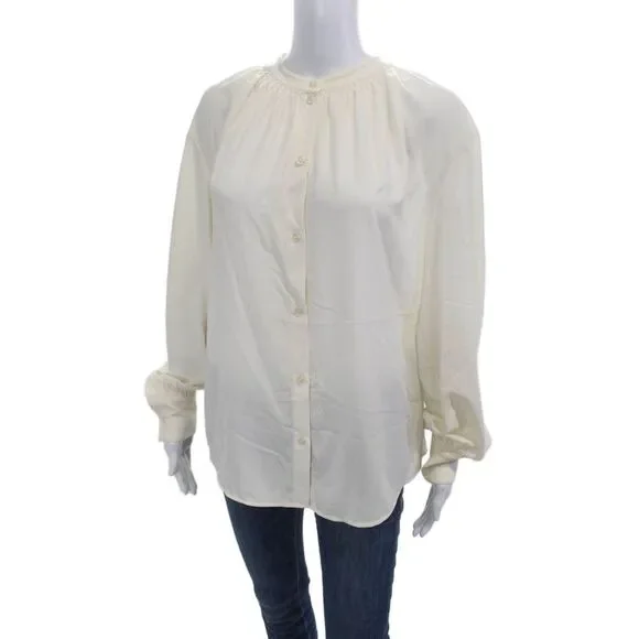 Boss Hugo Boss Women Basic Beige Button Up Blouse Long Sleeve Round Neck Size 8 - Picture 2 of 9